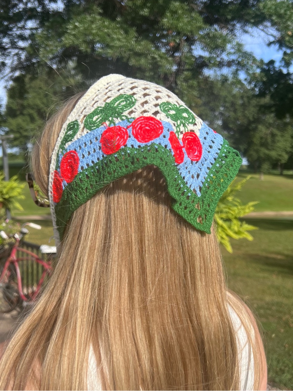 Crocheted Floral Headscarf in Green, Blue & Red